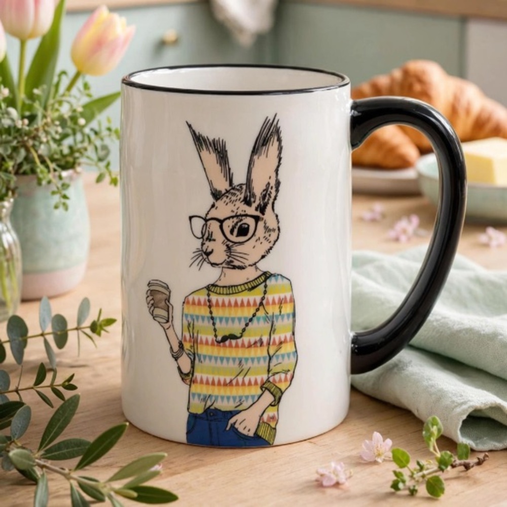 SIGNATURE Housewares Hand-painted Hipster Rabbit Ceramic Coffee Mug 17.5 oz